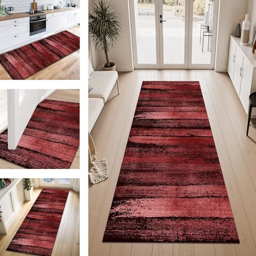Teppich Läufer Flur Küche rutschfest Rot-Schwarz 120X400CM Vintage Teppichläufer Kücheläufer Lang Waschbar Meterware Küchenteppich Flurteppich Läufer für Wohnraum Schlafzimmer Kinderzimmer Flurläufer
