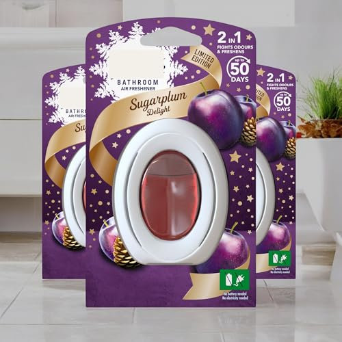 BATHROOM Air Freshener, 3 x SUGARPLUM DELIGHT 7.5ml, Bathroom Odour eliminator, No batteries required