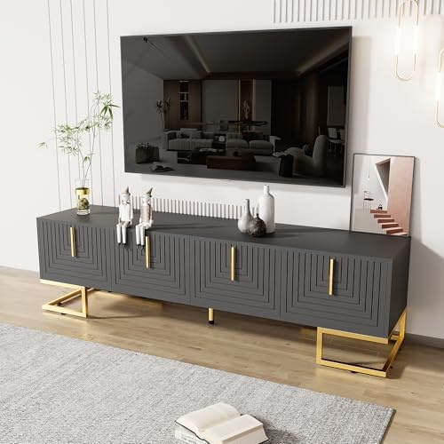MURUL TV-Schrank,lowboard mit strukturierter Tür, goldenen Griffen und goldenen Füßen, TV-Möbel mit Schubladen. (Schwarz+Grau)