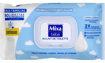 Mixa Lingettes Bebe au Lait de Toilette Hypoallergenique, paquet de 80 lingettes