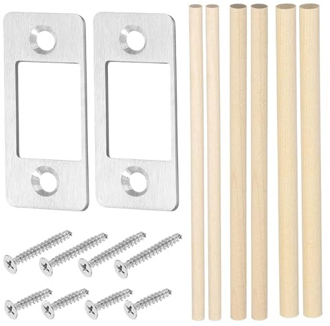 Deadbolt Strike Plate with 4 Screws, Door Latch Plate with Wood Dowels, Stainless Steel Round Corner Door Backplate for Door Latch Repair Fix, Door Lock Replacement Parts (2, Silver)