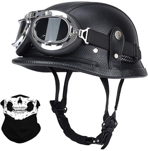 Leder Motorrad Halbhelme, Retro Halbschalenhelm, Jethelm Mit Schutzbrille, Vintage Motorradhelm, Retro Rollerhelm ECE/DOT Zertifiziert