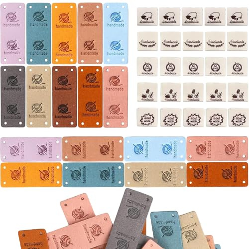 QckZee 50 Stück Handmade Label, Handgefertigte Lederetiketten zum Annähen Mikrofaser Lederetiketten mit Löchern mit Liebes Herz Lederetiketten Labels Zum Annähen für DIY-Hüte Kleidung Annähen