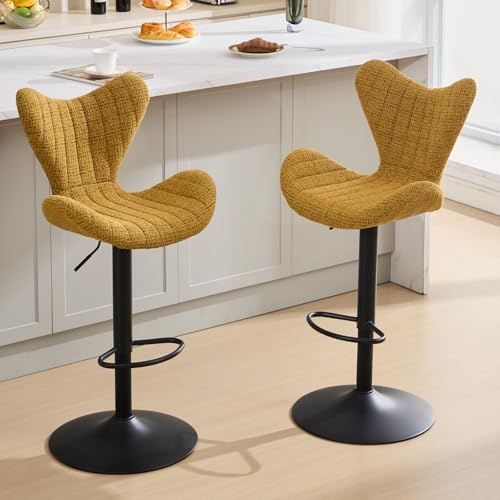 DAYALANE Barhocker 2er Set, Barstuhl höhenverstellbar & drehbar, Gelb | Bar Stools mit Lehne & Fußstütze, Küchenhocker aus Chenille, Bistrohocker Tresenhocker für Küche Bistro Café