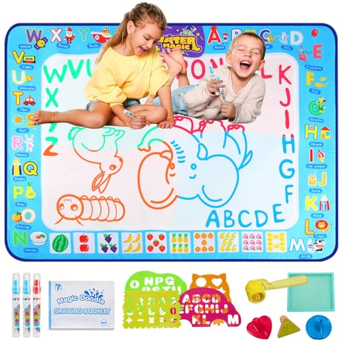 Tapis Dessin Enfant,100 * 75cm Tapis Magique Dessin Eau Réutilisable, Jouet Enfant 1-5 Ans Livre d'eau Magique et Outil de Tampon Rouleau, Jouets Éducatifs pour Garçons et Filles
