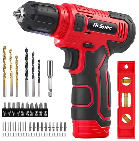 Hi-Spec 75pcs 8V Cordless Drill Driver with Screw and Drill Bits, Red
