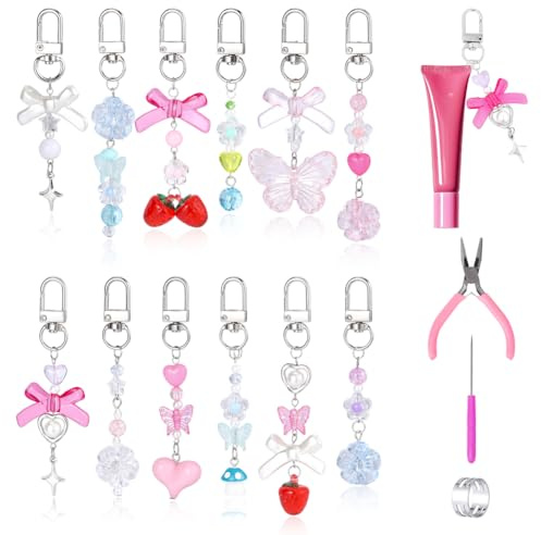 WADORN 12 Teiliges Set Zur Herstellung von Schlüsselanhängern Aus Lipgloss, DIY Schlüsselanhänger Set Mit Zubehör Anhängern Drehverschlüsse Sprungringe Zangen Ahlen Für Geschenke DIY Bastelarbeiten