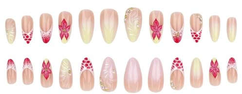 Gelb Weiß Verlauf Almond Press On Nails 24 Pcs French Tip Pink Hawaii Flower Gold Rhinestones Art Nails for Gluing Summer Manicure Set for Women Teenagers Vacati