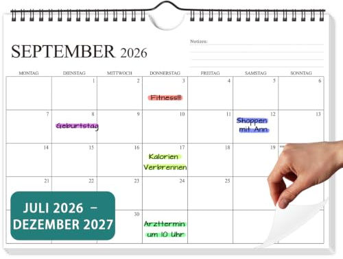 Wandkalender 2026 2027,Kalender 2026/27 im A4 Querformat,30 x 21 cm | Monatskalender Familienplaner vom Juli 2026 bis Dezember 2027 für Zuhause oder Büro