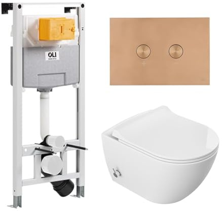 Wall-Hung Bidet Toilet Set - Rimless WC Bowl with Integrated Hot/Cold Mixer, Slim Soft-Close Seat, Pneumatic Frame, and Copper Flush Button