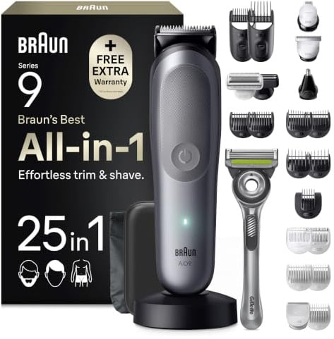 Braun Multigroom All-in-One Series 9, 25-in-1 Trimmer, AIO9565, Grau | Barttrimmer, Nasenhaartrimmer, Haarschneidemaschine, 14 Längen, 120 Min. Akku, Wasserdicht, Inkl. Gillette Labs Rasierer
