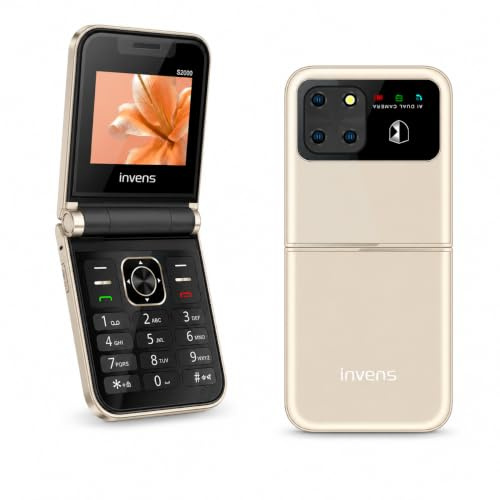 invens S2000 Téléphone à Clapet Senior, Grandes Touches, SOS, Quad SIM Or | Téléphone à clapet senior avec grandes touches, écran 2,4, SOS, Quad SIM et lampe torche, simple et pratique au quotidien.
