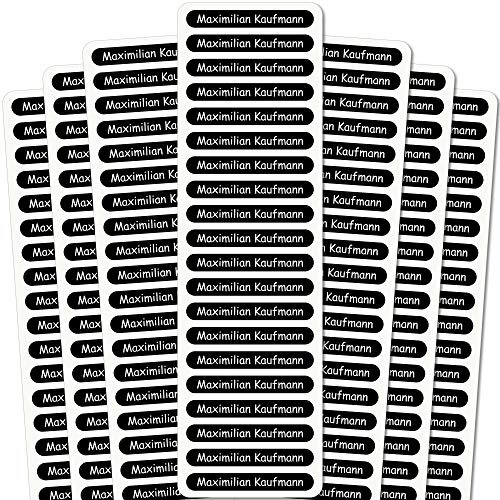 INDIGOS UG Namensaufkleber Kinder - 51x7 mm - 140 Stück Sticker für Kinder, Schule und Kindergarten - Stifte, Federmappe, Lineale - schwarzer Hintergrund - individueller Aufdruck