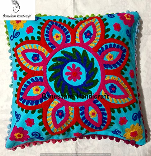 Indischer Suzani Designer-Kissenbezug, Heimdekoration, Blumenmuster, handgefertigt, dekorativ, Sofa, Boho-Chic, Bohemian-Überwurf-Kissenbezug, Pailletten-Kissenbezug, Boho-Dekor, handbestickter