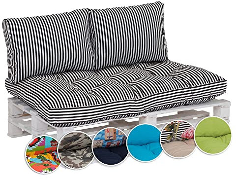 Beo Palettenkissen Set für Palettenmöbel | Made in EU | Europaletten Polster atmungsaktiv | 1 Palettenkissen 120 x 80 cm & 2 Palettenkissen Rückenkissen 60 x 40 cm mit Streifen in Schwarz-Weiß