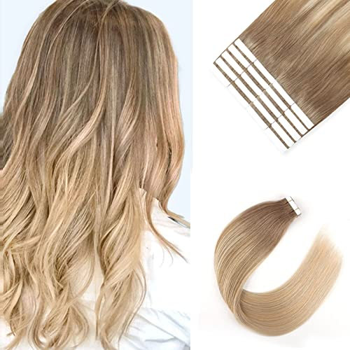 Sixstarhair Tape Extensions Echthaar Blond Invisible Tape In HaarverläNgerung Remy Hair Extensions 20pcs 50g 55cm Aschbraun Verblasst Zu Schmutzigem Blond Highlight Aschblond #8/18/60