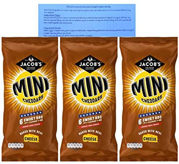 BBQ Smoky Barbecue Flavour Mini Cheddars Jacobs Crisp Snacks 3 x Multi Packs at Least 18 Bags Ideal School Lunch Box Picnic Car Journey with Exclusive Recipe Tips Sheet from Kingdom Supplies