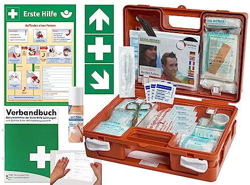 Verbandskoffer/Verbandskasten (K) Typ S -Komplettpaket- Erste Hilfe mit aktueller DIN 13157 für Betriebe -DSGVO- INKL. PERFORIERTEM VERBANDBUCH + Sprühpflaster & AUFKLEBER + Aushang
