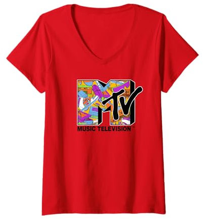 Damen MTV Retro 90's Collectibles Logo T-Shirt mit V-Ausschnitt