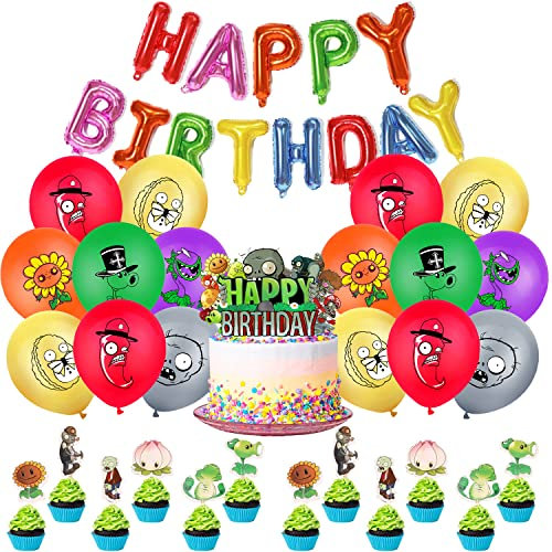 THEXIU Plants vs Zombies Party Decoration, 26pcs, Includes Balloons, Happy Birthday Banner, Cake Decoration
