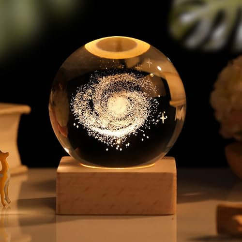 Zoomarlous 3D Kristallkugel Nachtlicht, USB 3D Sonnensystem Planeten Kristallkugel Nachtlicht Kreative Nachtszene Astronomie LED Ball Lampe,Mit Holzsockel, 3D Solar System Crystal Ball