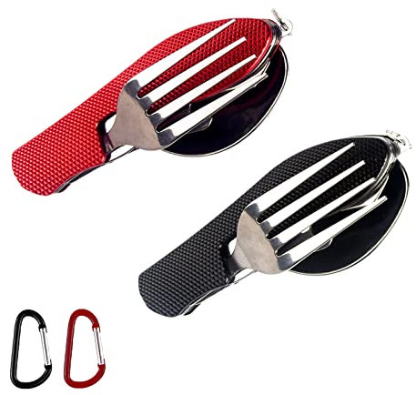Campingbesteck Klappbesteck,2 Stück Outdoor Survival Besteck aus Edelstahl,Multifunktions Reisebesteck,mit Schnalle,für Outdoor Survinal Camping(Rot,Schwarz)