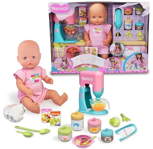 Nenuco, Qu'est ce qu'on Mange Aujourd'hui, Poupon 42 cm, Cors Dur, Mange et Bois, Prépare à Manger avec Robot ou Mixeur et 10+ Accessoires, Jouets pour Enfants à Partir de 3 Ans, NFN43