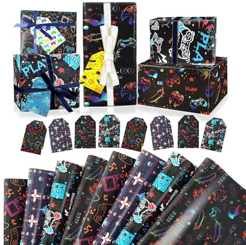 Movstriker 8 Pcs Gaming Wrapping Paper Printed Gift Tags for Kids Boys Girls Video Game Lover Birthday Roll 4 Style
