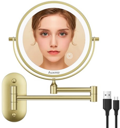 Auxmir Kosmetikspiegel mit Beleuchtung, 1X/10X Wiederaufladbar Schminkspiegel Rasierspiegel Wandmontage, Doppelseitig Vergrößerungsspiegel mit 3 Lichtfarben, Touchscreen, 360° Drehbar für Badezimmer