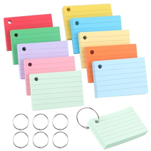 Tikplus Karteikartenset 500 Liniert Karteikarten, A8 Lernkarten mit Ring, 10 Farben Klein Karten zum Vokabeln Lernen, Beidseitig Beschreibbar Flashcards für Lernen Formeln oder Notizen,5.1x7.4cm