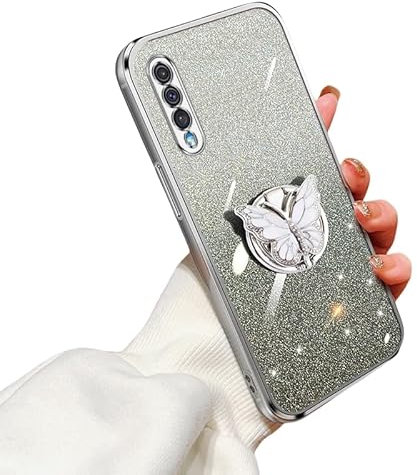Hülle für Samsung Galaxy A50 Handyhülle Weich Silikon mit Schmetterling Ständer Schutzhülle für Galaxy A50 Galvanisierte Glitzer Stoßfeste Kratzfeste Hülle Kompatibel mit Samsung A50 (white)