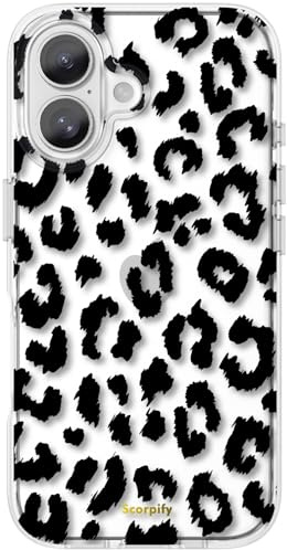 SCORPIFY für iPhone 16 hülle mit transparentem schwarzem Leoparden Geparden Print Design, süße transparente Telefonabdeckung für Frauen und Mädchen, [vergilbt Nicht] schmaler Bumper