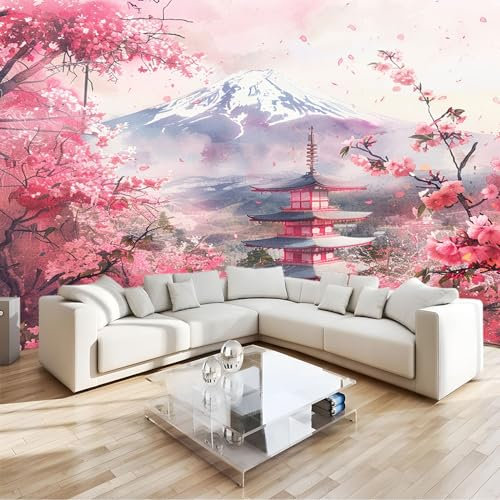 Papier Peint Panoramique 200 x 140 cm Fleurs de cerisier de montagnes de style japonais Papier Peint intissé Poster Tableaux Muraux Tapisserie Photo Trompe l'oeil pour Chambre Salon Décoration Murale