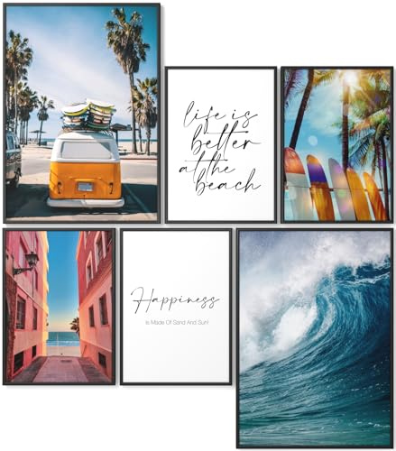 Papierschmiede® Mood Poster Set Surfing, Gerahmte Bilder (Rahmen: Farbe wählbar), Wohnzimmer Deko Schlafzimmer, 2x DIN A2 und 4x DIN A3, Strand Beach Surfbrett Palmen