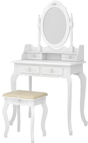 LEADZM Schminktisch mit Spiegel, Hocker & 4 Schubladen, Kosmetiktisch Frisiertisch Kommod, MDF Holz 75 x 40 x 142,5 cm