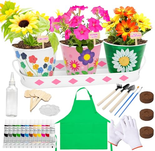 deAO Kit de Jardinage Peindre et Planter des Fleurs 32 Pièces, Loisirs Créatifs pour Enfants de 8 à 12 Ans, Ensemble de Jardinage pour Enfants, Jouets d'Anniversaire et Cadeaux de Pâques de 3 Ans+