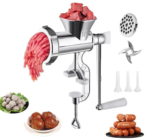 Manual Meat Grinder, Large Aluminum Alloy Sausage Filling Machine with Sausage Filler Kit, Heavy Duty Manual Meat Mincer with Wooden Handle for Beef, Pork, Vegetables & Noodles