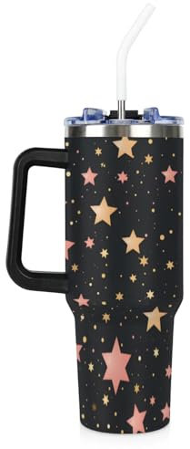 KNEMI Rose Pink Star 40oz Tumbler with Handle and Straw, Leakproof Insulated Water Bottle Stainless Steel Vacuum Travel Mug Reusable Cup for Cold and Hot Drinks Gift for Him & Her