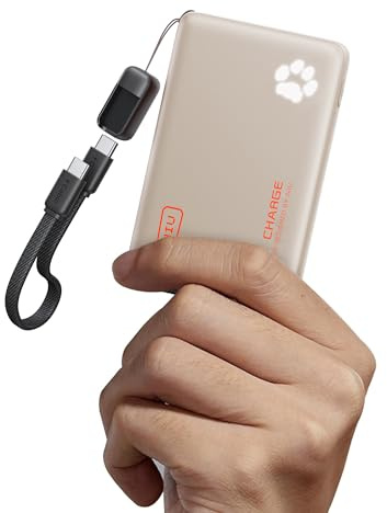 INIU Portable Charger, Ultra Slim 45W Fast Charging with Attached USB C Cable, 10000mAh Power Bank Battery Pack, Travel Essential Phone Powerbank for iPhone 17 16 Samsung S25 Google, Beige