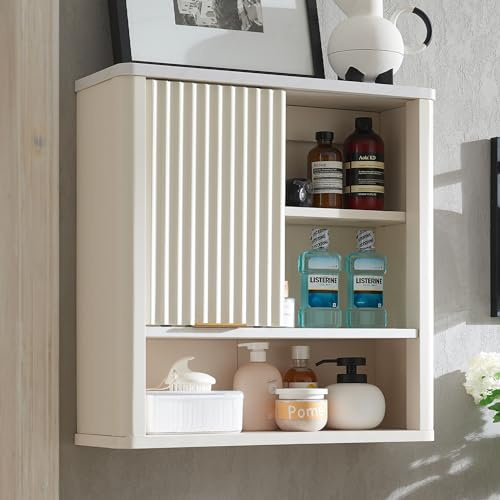 AetherWood Badezimmerschrank Hängeschrank mit Schiebetür, Wandschrank Bad mit Kunstmarmor-Optik, Verstellbares Regal & Offenes Fach, Geriffeltes Design, Badschrank Wandmontage, Weiß