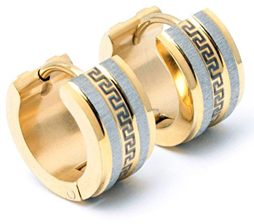 Edelstahl Herren Ohrringe Klapp-Creolen silber gold vergoldet poliert gebürstet Mäander Muster 13mm Ø Männerschmuck Männergeschenk (Gold)