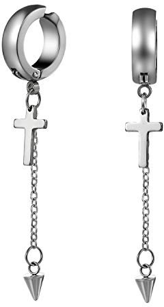 Flongo Damen Ohrringe Herren Ohrstecker Creolen, Edelstahl ohne Loch Ohrklemme Ohrkette Silber Kreuz Kruzifix Anhänger Kette Quasten Troddel Hängende Tropfen Ohrringe Männer Frauen