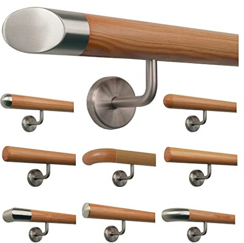 Lärche Holz Treppe Handlauf Geländer Griff gewinkelte Edelstahlhalter, Länge 30-500 cm aus einem Stück/Variante:460 cm mit 6 Halter - Enden:schräges Edelstahlendstück
