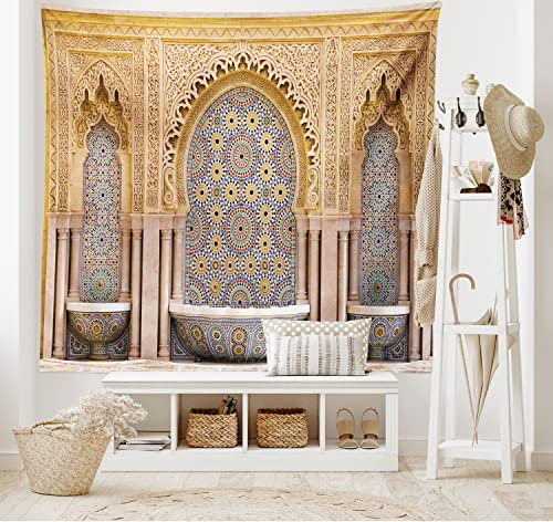 ABAKUHAUS Marokkanisch Wandteppich und Tagesdecke, Rabat Hassan Tower, aus Weiches Mikrofaser Stoff Wand Dekoration Für Schlafzimmer, 230 x 140 cm, Apricot Blassbraun