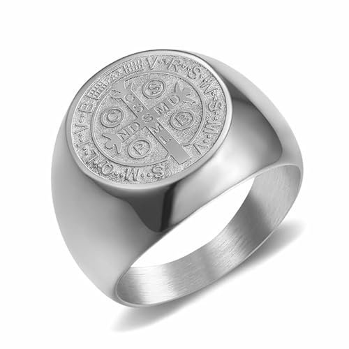 BOBIJOO JEWELRY - Chevalière Bague Homme Médaille Saint-Benoît de Nursie Protection Acier Argenté - 22,6 (13 US)