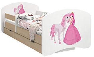 HappyBabies - Doppelseitiges Kinderbett MIT SCHUBLADE Modernes Design mit sicheren Kanten und Absturzsicherung Schaumstoffmatratze 7 cm Leichte Birne (Prinzessin mit Pferd, 160/80)