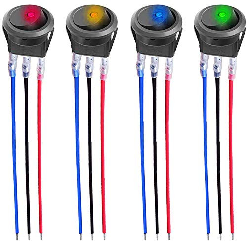 CESFONJER 4 pezzi DC 12V 20A LED set di pulsanti interruttore illuminato automaticamente, 12V interruttore a levetta rotante tondo pulsante per auto, barca, con 4 Colori di LED (con 16AWG Fili)