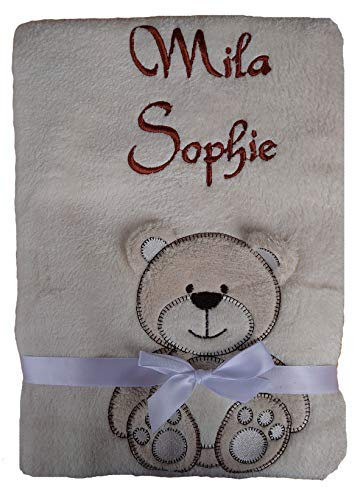 Wuff-Dogsworld Babydecke personalisiert für Neugeborene Jungen und Mädchen mit Namen Bestickt - Geburtsgeschenk Baby Geburt Taufe - Babygeschenk Decke - Geburtstag Kuscheldecke (beige Bär)