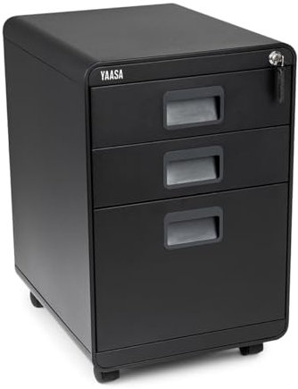 Yaasa File Cabinet Curved Standard Schwarz - Rollcontainer aus Stahl, Aktenschrank mit 3 verschließbaren Schubladen, Büroschrank