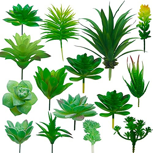 Cayway 14 Stück Künstliche Sukkulenten Grün Unfotted Faux Blume Sukkulenten Sukkulenten Künstlich Gemischt für Zuhause Indoor Fairy Garden Dekorationen